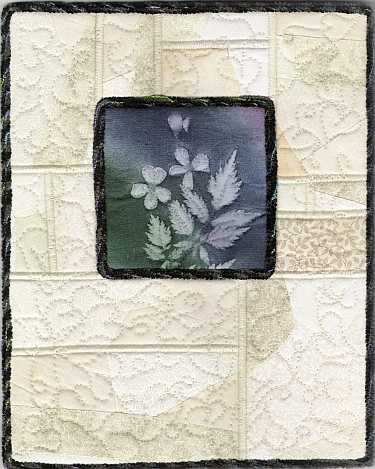 Deep blue, green, Astilbe and Plumbago with crazy patch 8x10 Mini Art Quilt, Sue Andrus Gardens
